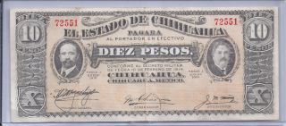 1915 Mexican Chihuahua 10 Pesos Large Banknote photo