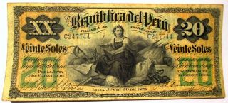 Lima Peru Banknote 20 Soles De Oro June 30 1879.  17 1/2 Cm X 7 5/8 Cm photo