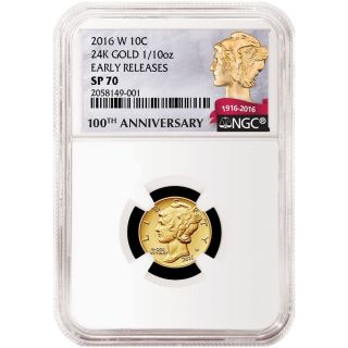 2016 W Mercury Dime Centennial 1/10 Gold Ngc Sp70 Early Releases Ms70 photo