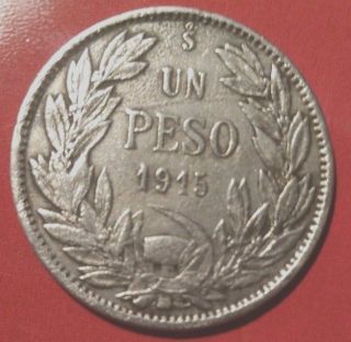 Chile Peso 1915 Silver Coin,  (very) Republica De Chile photo