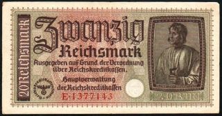 German 20 Reichsmark 1940 - 1945 Series: E1377143 - 