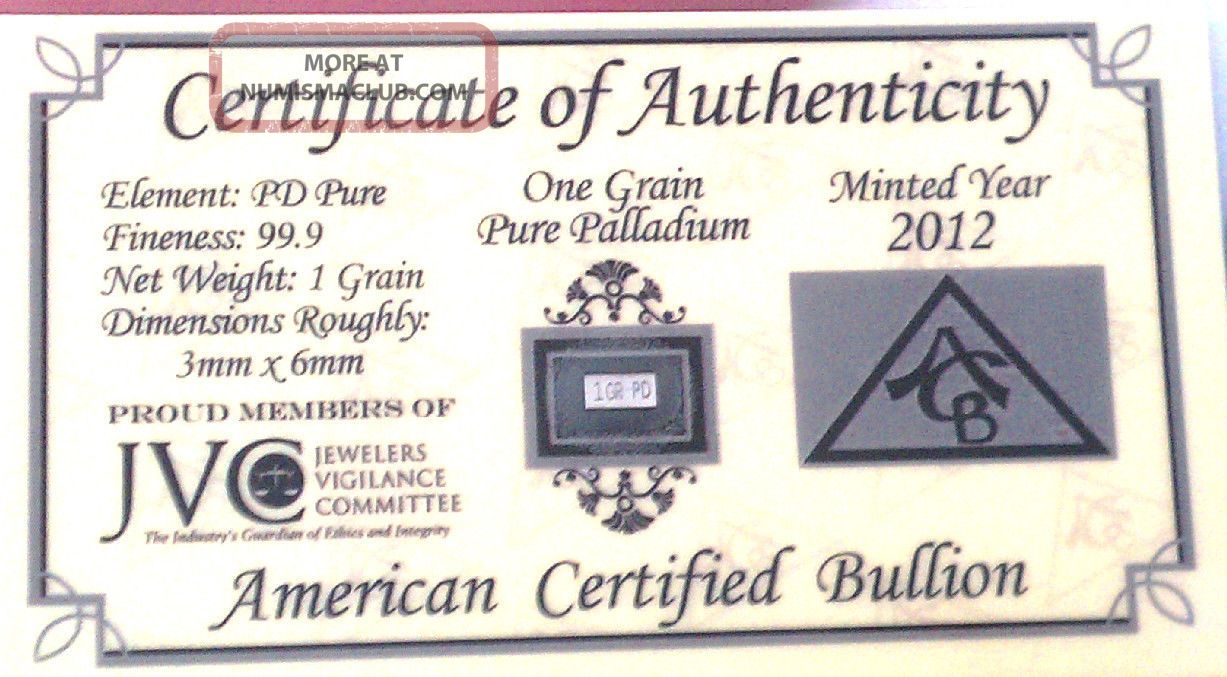 Acb Solid Palladium Pd Bullion 1grain Bar 9.  99 With Certificate Of Authenticity Bullion photo