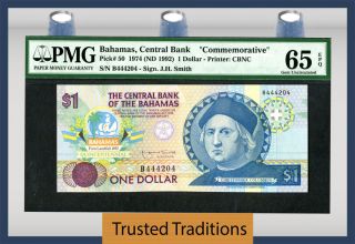 Tt Pk 50 1992 Bahamas 1 Dollar Christopher Columbus Discovered America Pmg 65epq photo