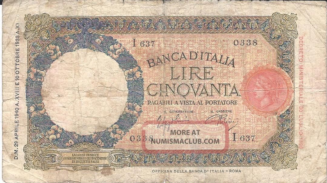 1940 Italy 50 Lire P - 54b Europe photo