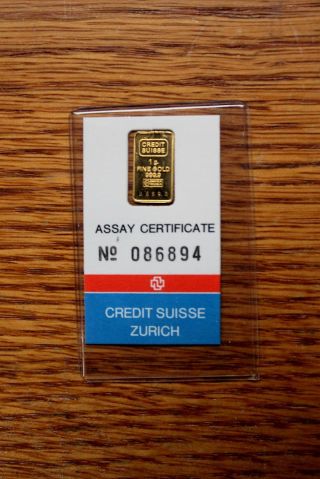 1 Gram Gold Bar Credit Suisse Zurich Valcambi 999.  9 Gold On Assay Card photo