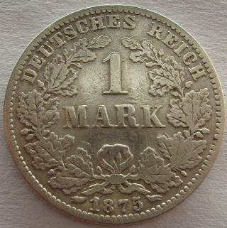 Old Antique Rare Germany 1 Mark 1875 G Silver German Empire (ind67) photo