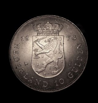 1973 Netherlands 10 Gulden Silver Crown Unc Silver Coin photo