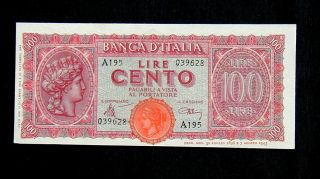 1944 Italy Banknote 100 Lire Italia Turrita Aunc Serie A195/ 03930 photo