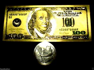 1 Troy Ounce.  999 Fine Silver Stackable King Neptune,  99.  9 24k Gold $100 Bill photo