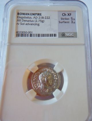 Elagabalus/sol Roman Silver Denarius Ngc Ch Xf photo