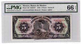 Mexico 5 Pesos Banknote 1943 Pick 34f Pmg Gem Unc 66 Epq 