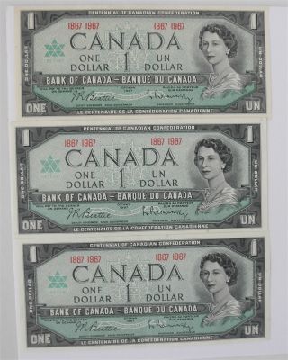 3 Canada 1967 Centennial Of Canadian Confederation $1 Bills Crisp,  Uncirculated photo