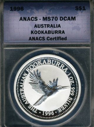 Australia Kookaburra 1996 Certified Anacs Ms70 Dcam Silver (stock 0602) photo
