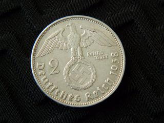 Nazi German 2 Reichsmark 1938e Silver Coin With Swastika (1812) photo