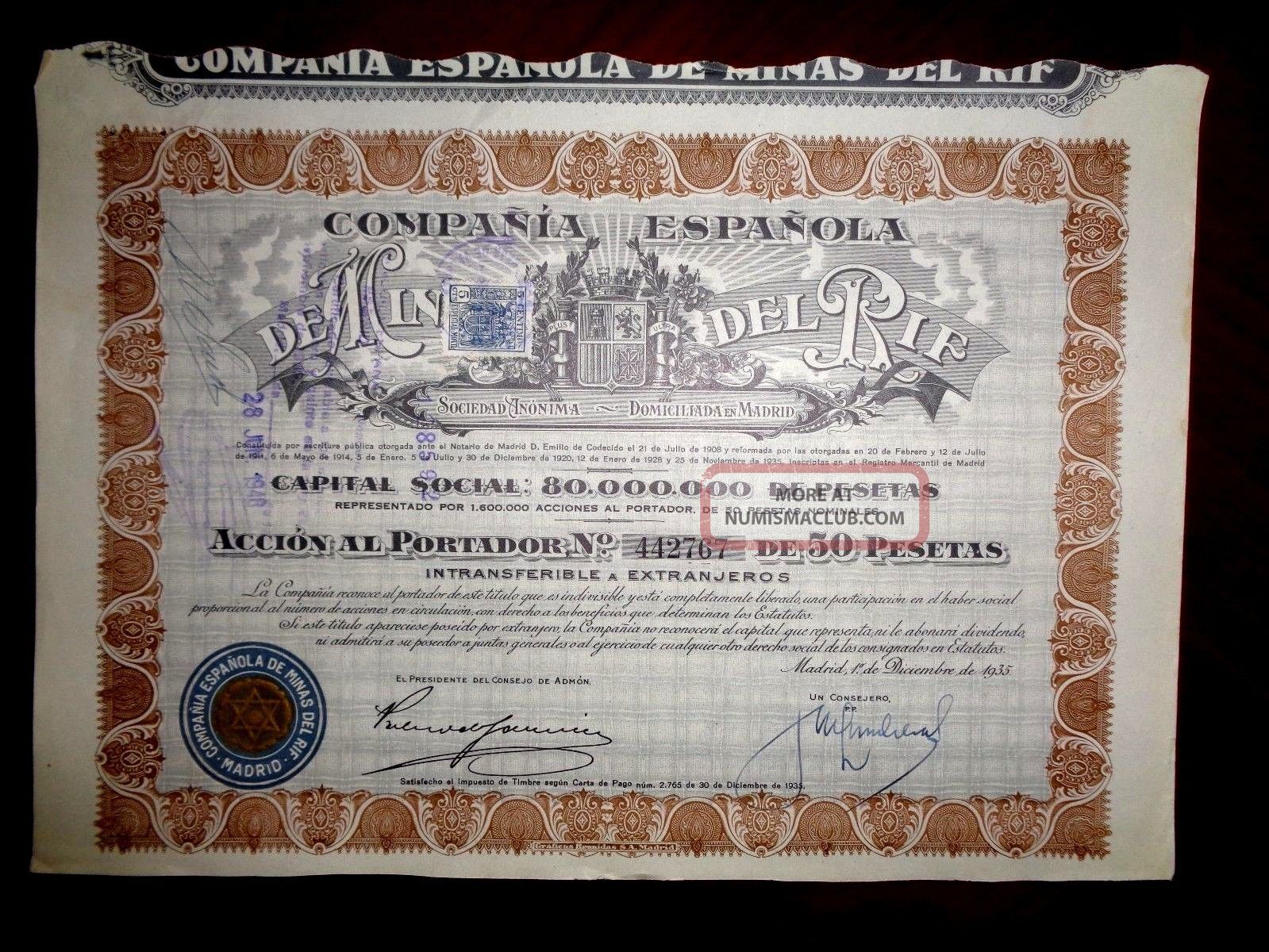 Minas Del Rif,  Share Certificate 1946 Spain Vg, World photo