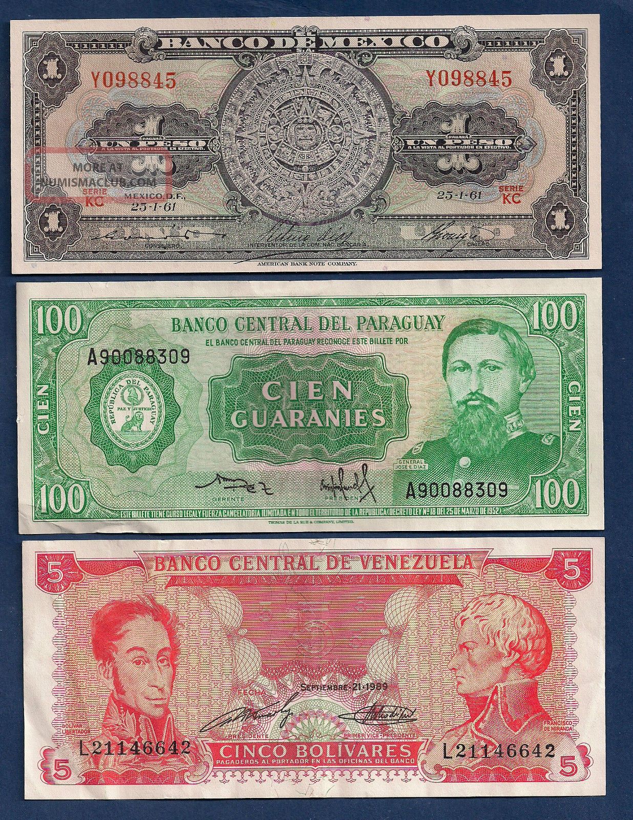 Mexico 1 Peso 1961 P - 59g,  Paraguay 100 Guaranies,  Venezuela 5 Bolivares Paper Money: World photo