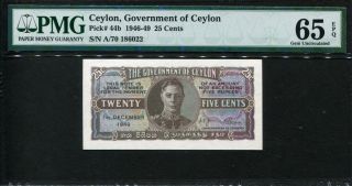 Ceylon 1946 - 1949,  25 Cents,  P44b,  Pmg 65 Epq Gem Unc Top Rated Grading photo