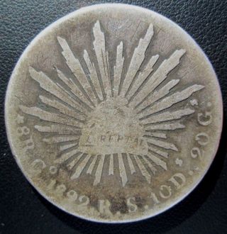 1892 Mexico 8 Reales Go Rs Guanajuato Silver Crown Coin photo