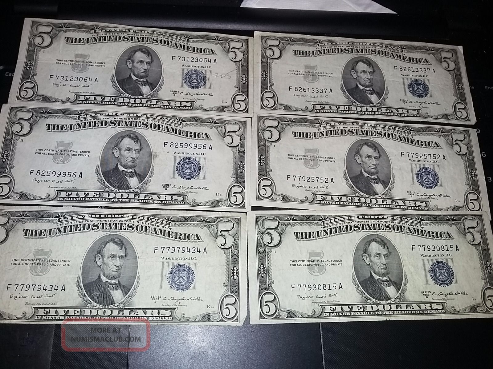 $5 Bill Silver Certificate Series B Of 1953 Group Of 6 Bills No Holes Small Size Notes photo