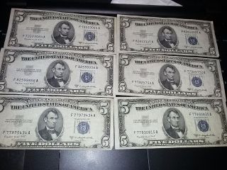 $5 Bill Silver Certificate Series B Of 1953 Group Of 6 Bills No Holes photo