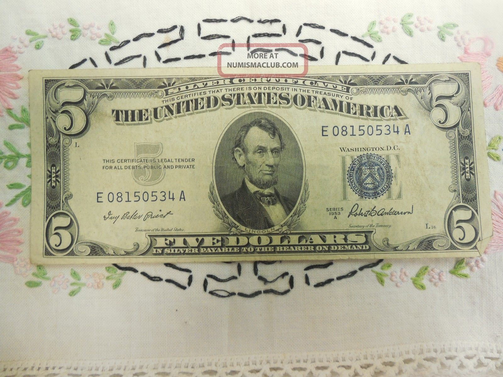 Series 1934 - A $5 Silver Certificate Blue Seal Ea Block Small Size Notes photo
