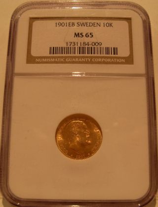 Sweden 1901 Eb Gold 10 Kronor Ngc Ms - 65 photo