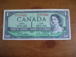 1954 Bank Of Canada One Dollar Note Unique Serial T/p 7377422 Fresh & Crisp photo