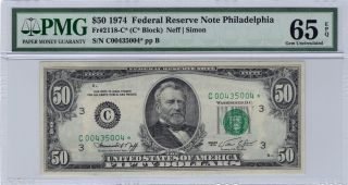Pmg 65 Epq Gem Uncirculated 1974 $50 Federal Reserve Star Note Fr 2118 - C photo