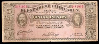 1915 5 Pesos Note Mexican Money Bill Billete Mexico De La Revolucion Chihuahua photo