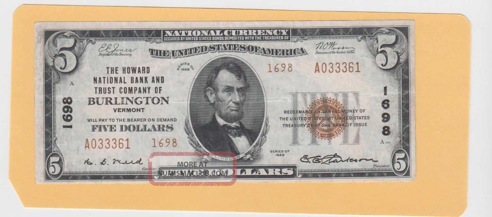 $5 Howard Nat ' L Bank & Trust Co,  Burlington,  Vermont,  1929 - Type 2,  Charter 1698 Paper Money: US photo