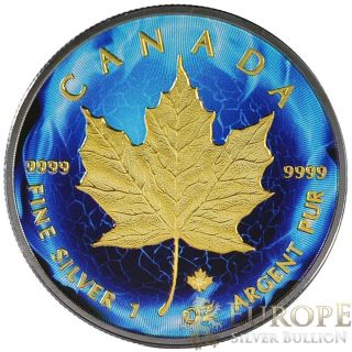 2014 1 Oz Ounce Blue Fire Gilded Silver Colorized Maple Coin.  9999 Ruthenium photo