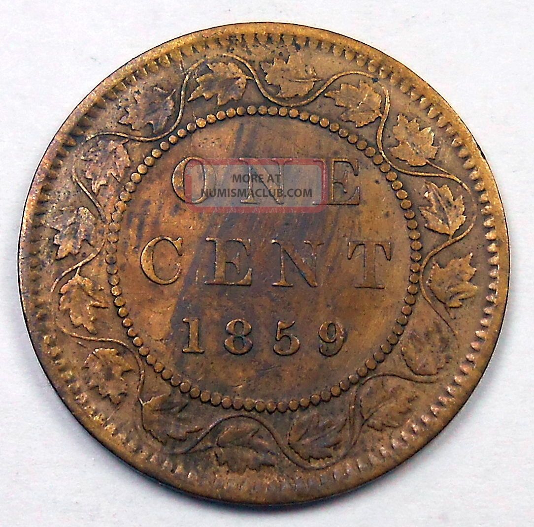 1859 Narrow 9 Large Cent F - Vf Affordable Early Queen Victoria 2nd Canada Penny Coins: Canada photo