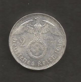 1939 German Wwii 2 Reichsmark Silver Coin - photo