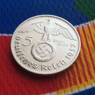 5 Mark German Silver Coin Ww2 1937 F Third Reich Swastika Reichsmark photo