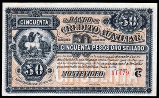 Uruguay Banco De Crédito Auxiliar 50 Pesos Oro Sellado 1887,  Unc photo
