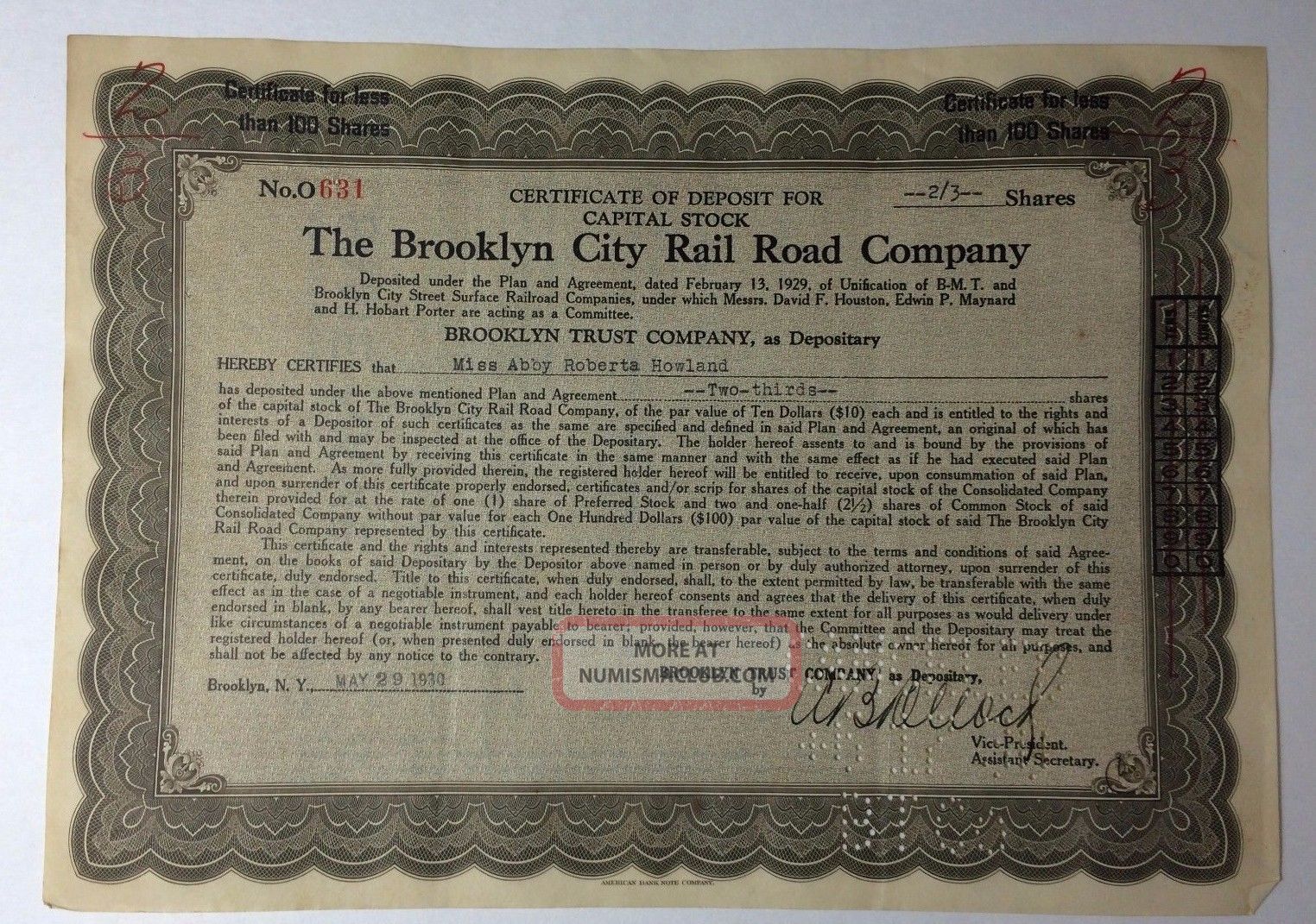 1930 The Brooklyn City Rail Road Company 2\3 Share Capital Stock Certificate Transportation photo
