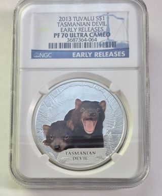 2013 Tuvalu Tasmanian Devil Silver Coin Very Rare Ngc Pf70 Ucam Early Release photo