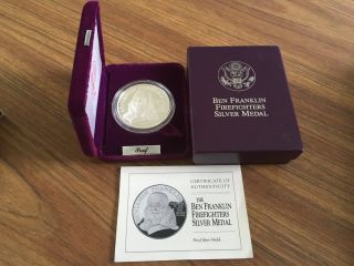 1992 - P Ben Franklin Firefighters Silver 999 Medal Proof Box & photo