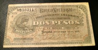 1899 - 2 Pesos Banknote - Banco Nacional De La Republica De Colombia - Serie E photo