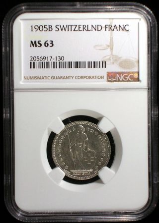 Switzerland 1905 Silver Franc Ngc Ms - 63 Bright White Sharp And Lustrous photo