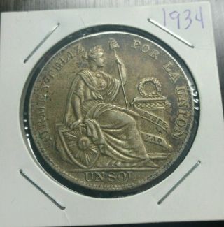 1934 Peru One Silver Un Sol Crown Size Coin photo