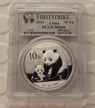 China 2012 10 Yuan 1oz Silver Panda Pcgs Ms69 First Strike Coin A134a photo