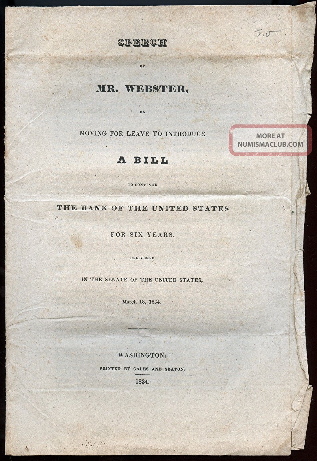 Daniel Webster Bill To Continue Bank Of The United States 1834 Stocks & Bonds, Scripophily photo
