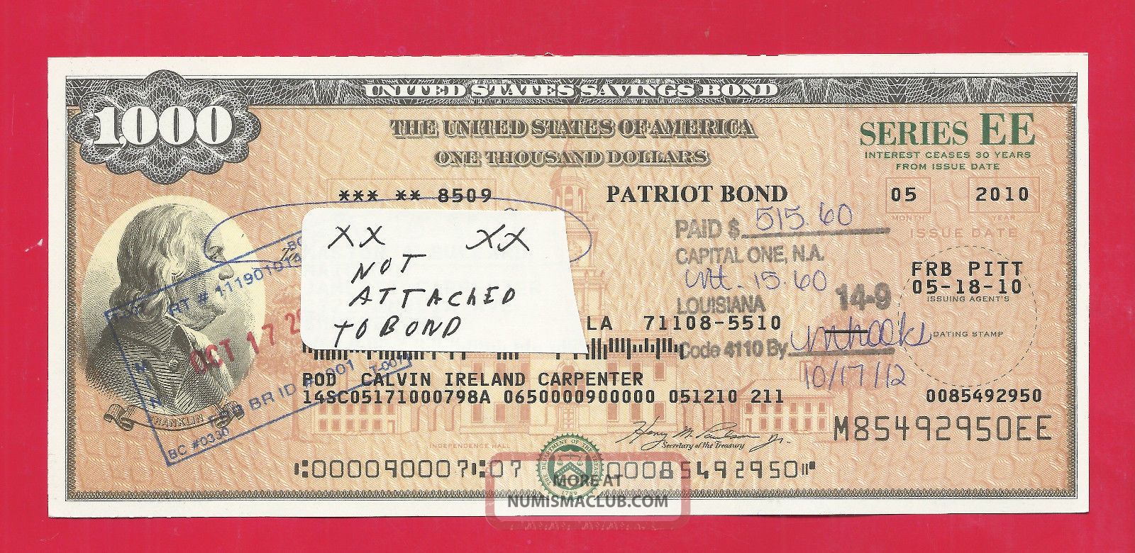 Us Savings Bond Franklin Bond $1,  000 Cashed Series Ee 05 - 2010 Stocks & Bonds, Scripophily photo