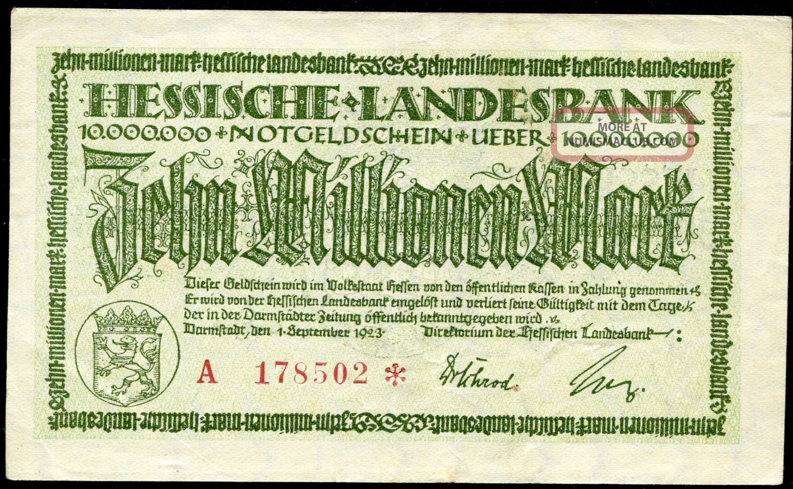 Hessische Landesbank 10 Millionen Mark 1/9/1923 Ef German Notgeld Gr.  Hes - 4b Europe photo