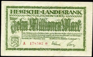 Hessische Landesbank 10 Millionen Mark 1/9/1923 Ef German Notgeld Gr.  Hes - 4b photo
