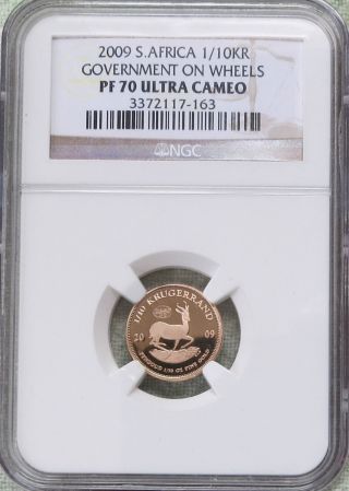 2009 South Africa 1/10 Oz.  Gold Kr Ngc Pf 70 Government On Wheels 600 Minted photo