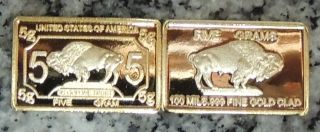 5 Gram Fine Gold Bullion Bar 100 Mills.  999 Pure 24k Pl American Buffalo Bison. photo