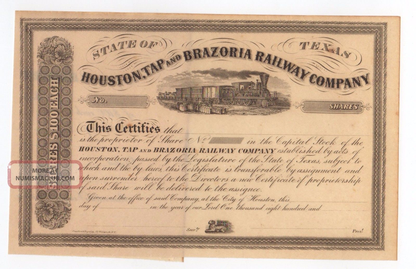 State Of Texas Houston,  Tap And Brazoria Railway Company Stock Certificate Transportation photo