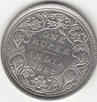 1862 British India Queen Victoria With 4 Dots One Rupee Silver Coin.  Cleaned photo